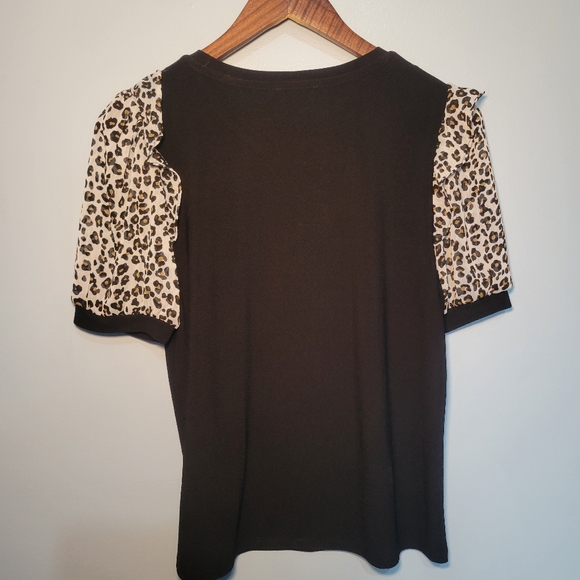 CeCe Black‎ Crew Neck Leopard Puff Short Sleeves Shirt Womens Size S - Picture 3 of 7